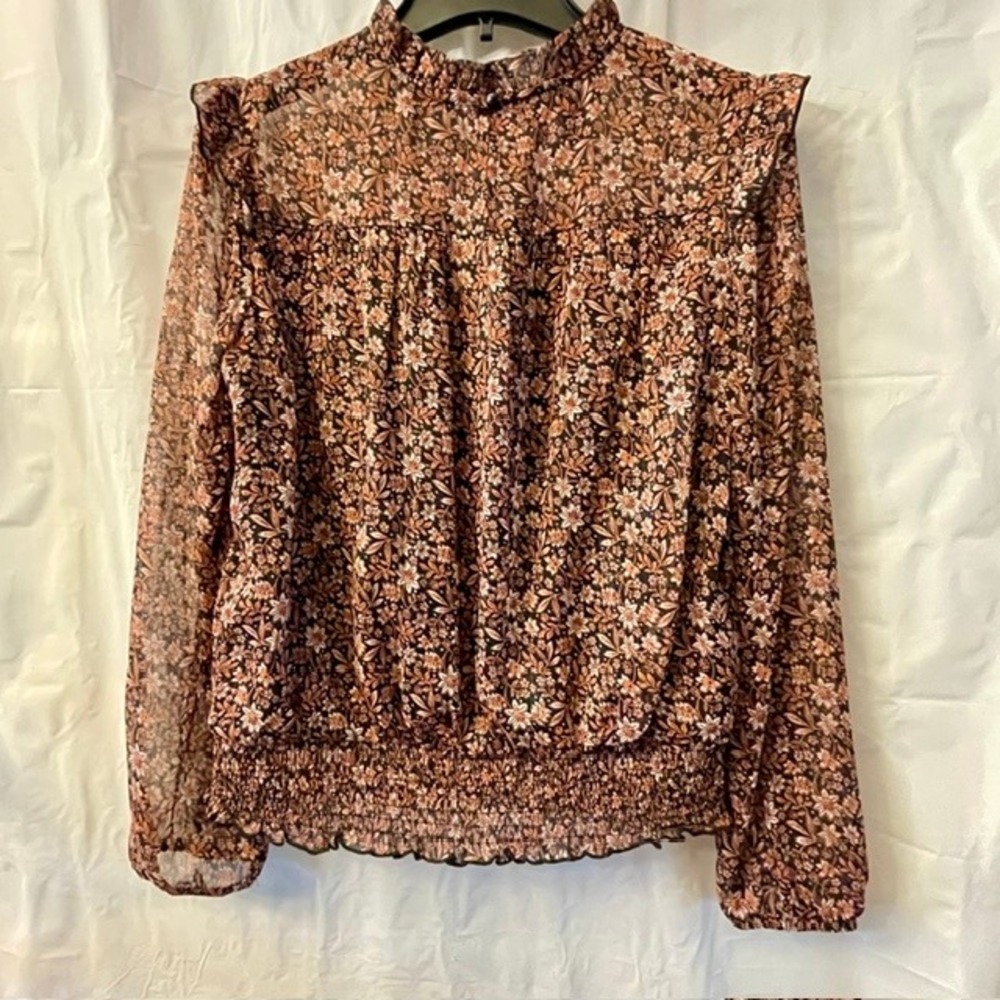 BCX Ditsy Floral Mock Neck Blouse Black Rust Metallic Smocked Hem Boho Sz M